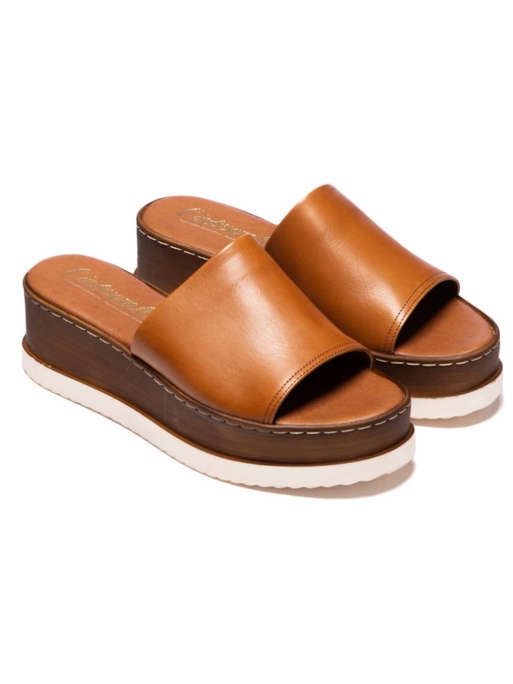 L'INTERVALLE Cognac Leather Platform Slide Sandals size 41 / 10